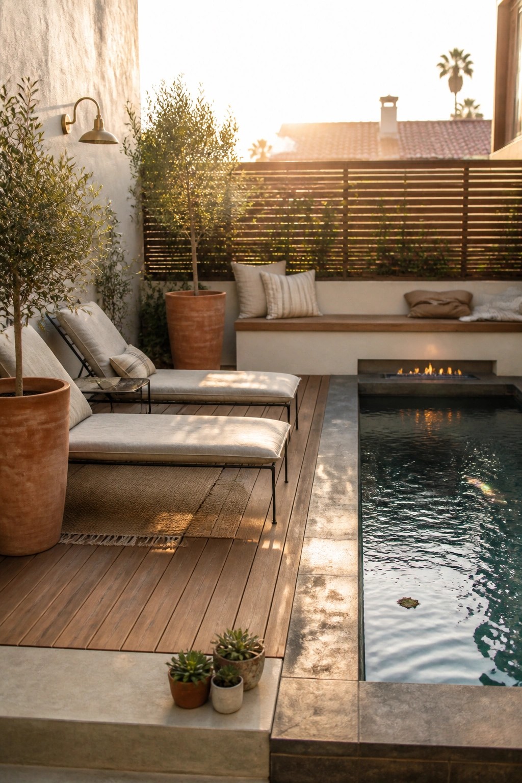 Wooden pool deck with two lounge chairs, a long built-in bench with pillows, large terracotta pots, and a small pool with a fire feature along the edge.