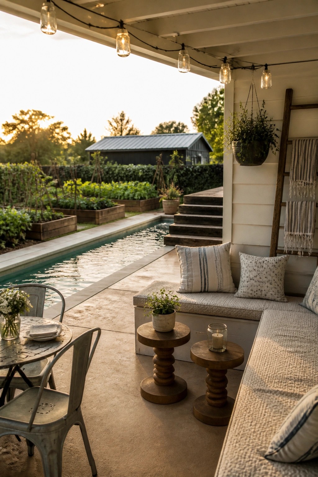 Cozy rustic patio with cushioned bench, wooden tables, string lights, and pool view
