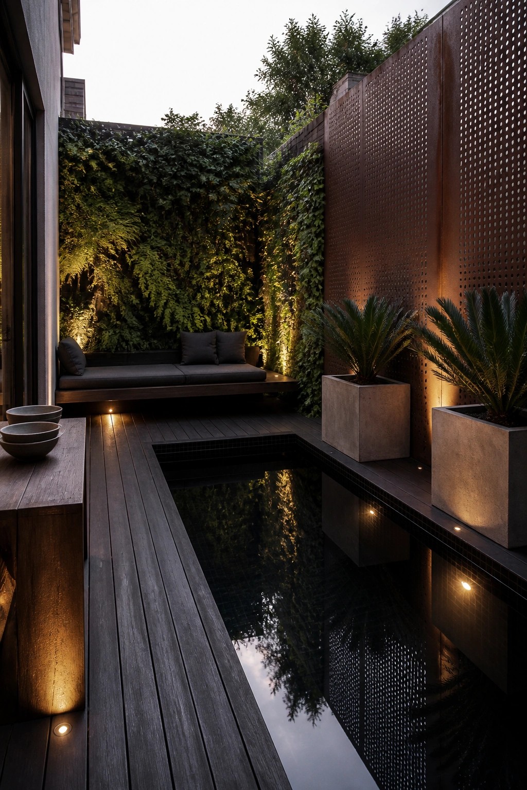 A narrow dark wood deck runs beside a small rectangular pool with a built-in bench against a green living wall, two concrete planters with palms, and warm ground lighting at dusk.