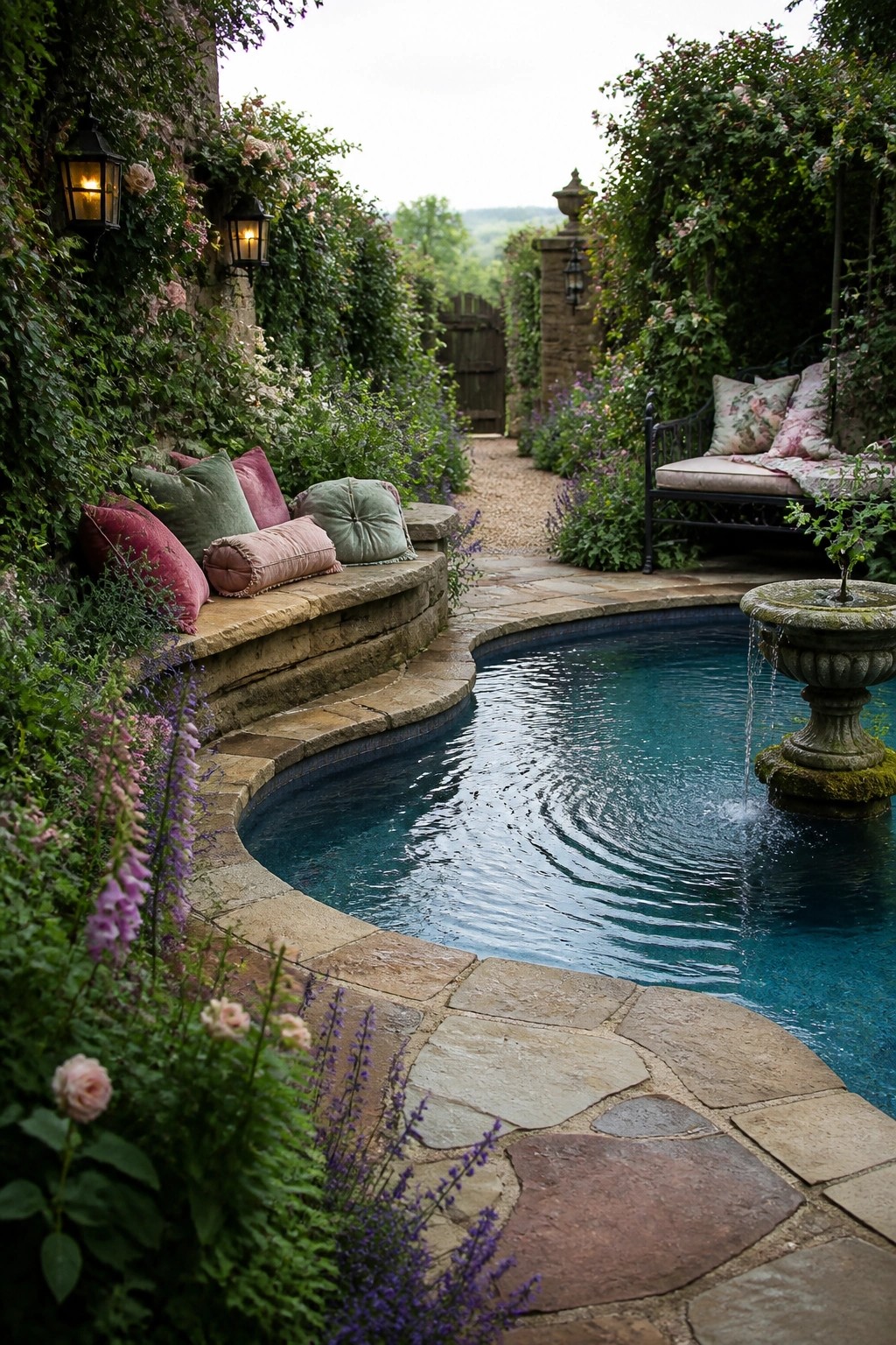 Lush garden pool with stone fountain, cushioned benches, lanterns, and blooming flowers.