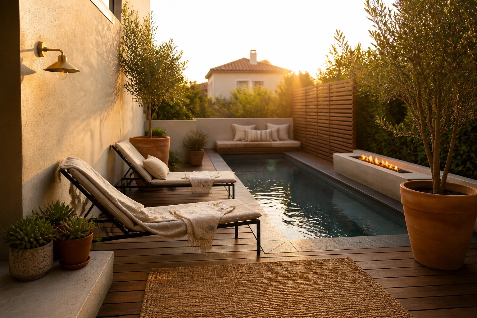 Wooden pool deck with two lounge chairs, a long built-in bench with pillows, large terracotta pots, and a small pool with a fire feature along the edge.