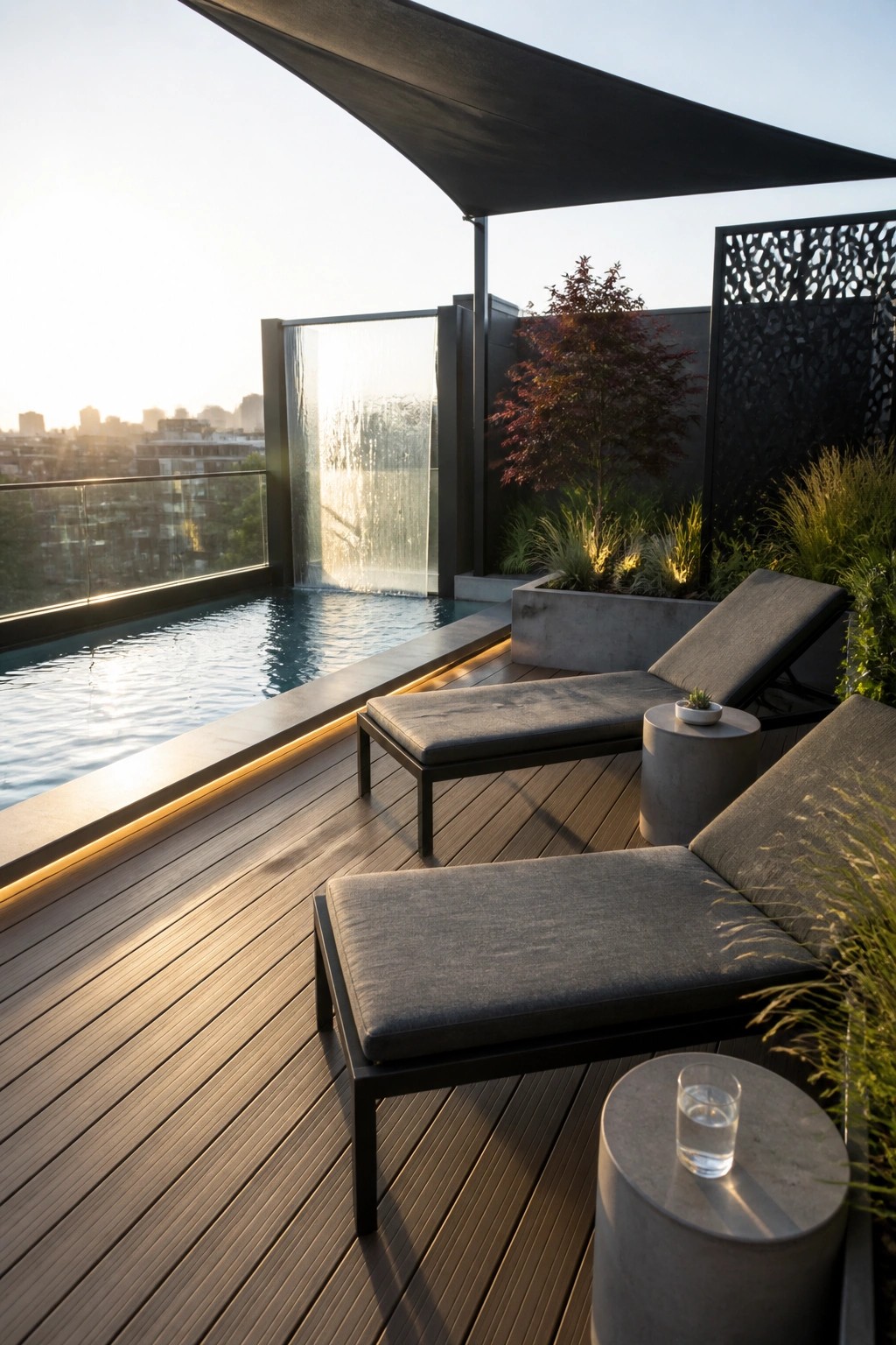 A modern rooftop pool deck with dark wood flooring, two gray lounge chairs, round concrete tables, a small pool with a water feature, and a large black shade sail overhead.