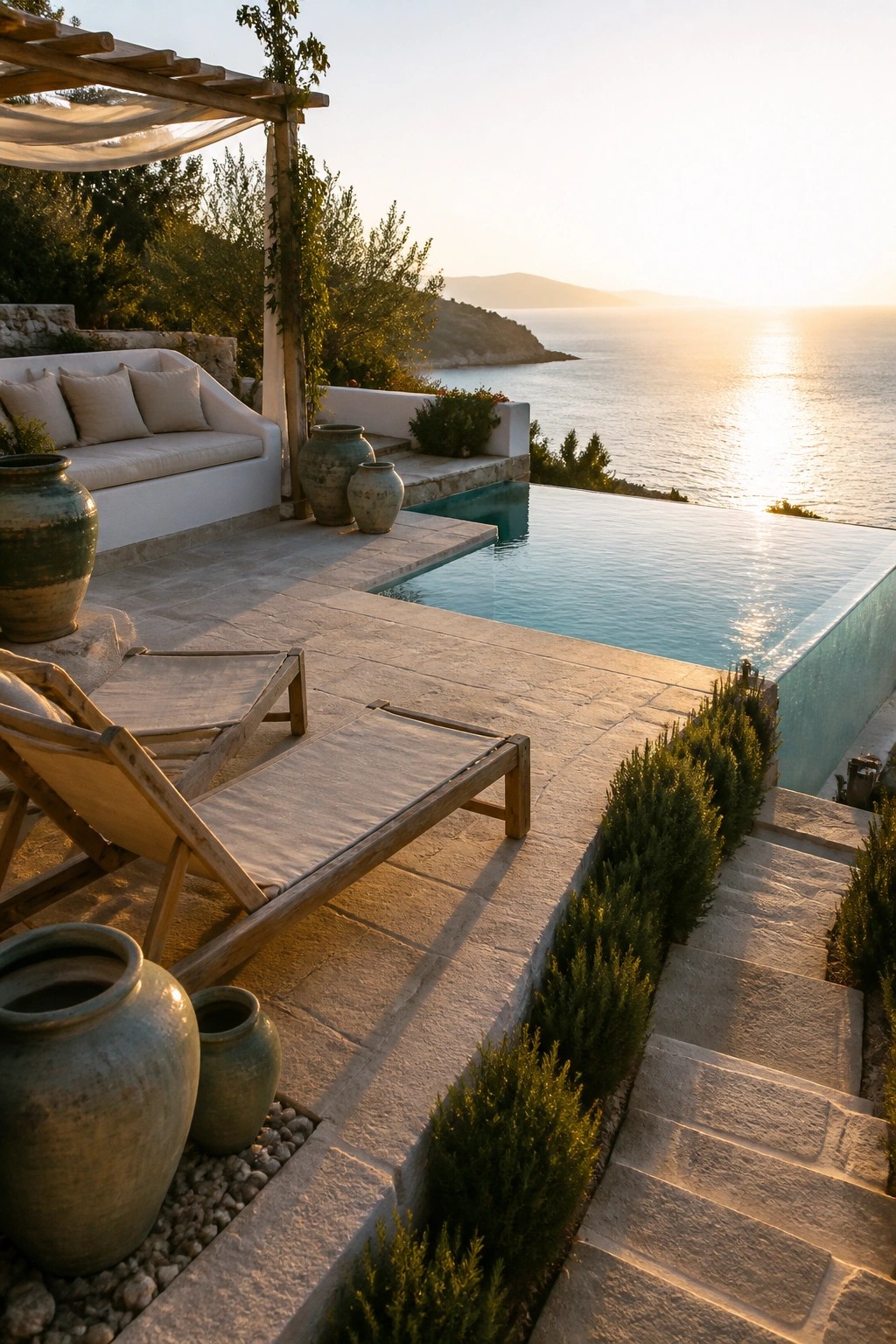 Stone patio with infinity pool, wooden loungers, sofa and pots overlooking sunset sea.