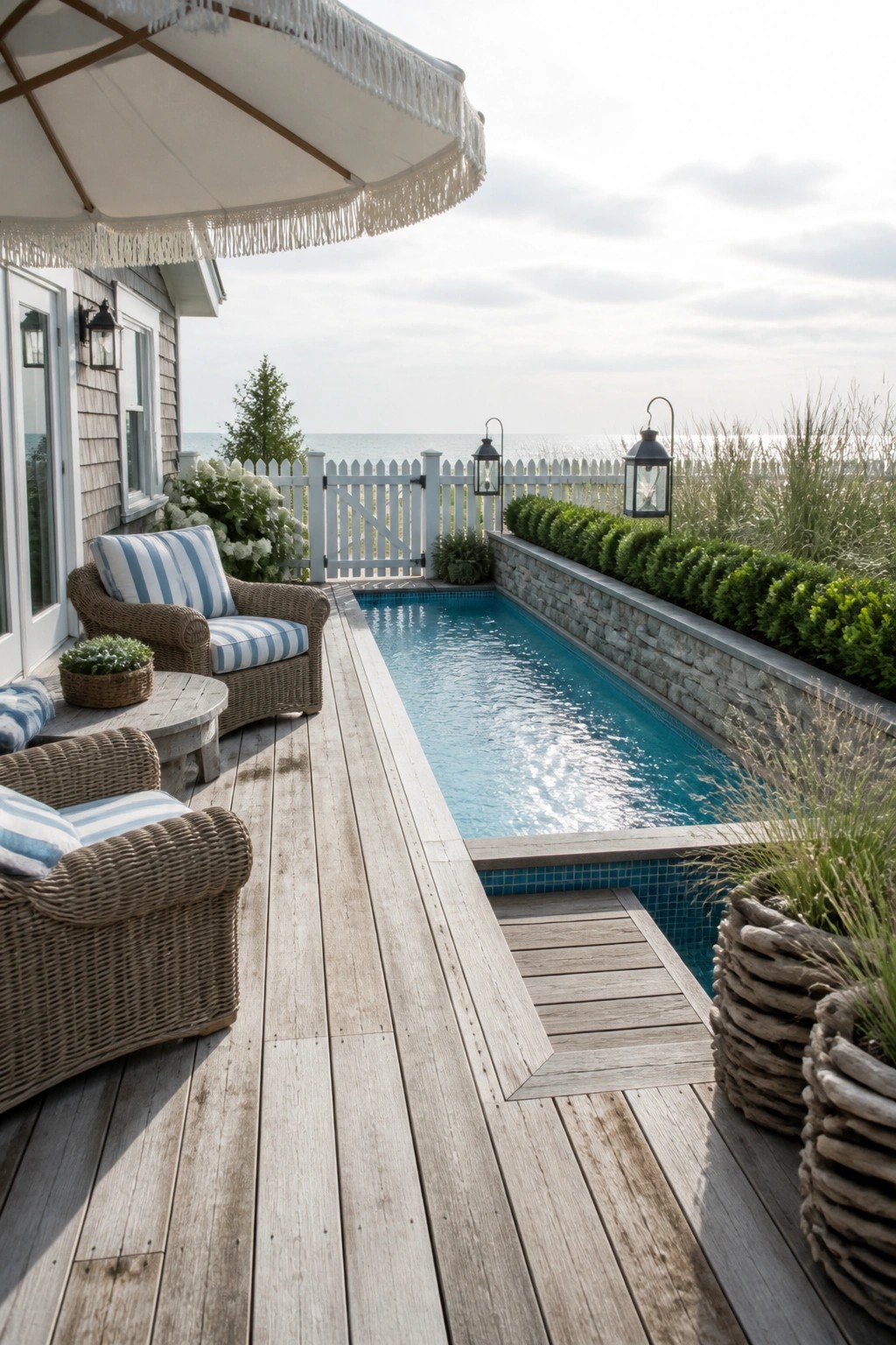 A long narrow pool with a wooden deck on one side holding wicker chairs with striped cushions and a large umbrella.