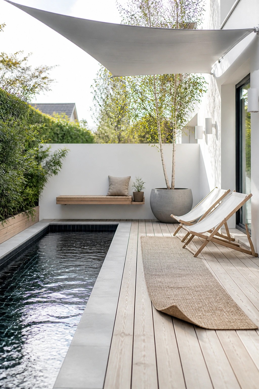 A narrow lap pool borders a light wood deck with two lounge chairs, a woven rug, and a large white shade sail overhead.