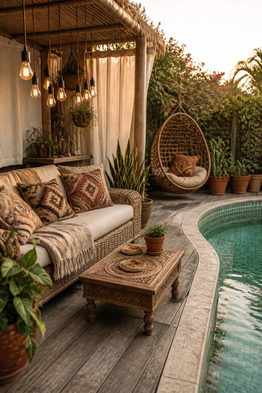 A wooden pool deck with a wicker sofa, patterned cushions, hanging string lights under a bamboo roof, a wooden coffee table, and a hanging wicker chair beside a small swimming pool.