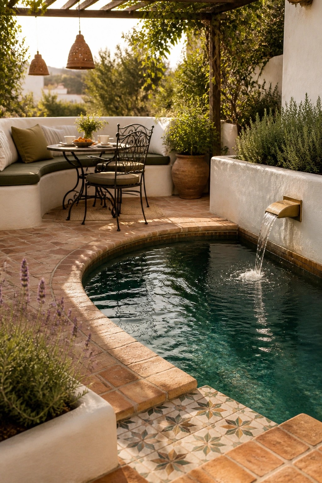 A small curved pool edged with terracotta brick coping and patterned tiles, with water flowing from a wall spout beside a seating area with a table and chairs.