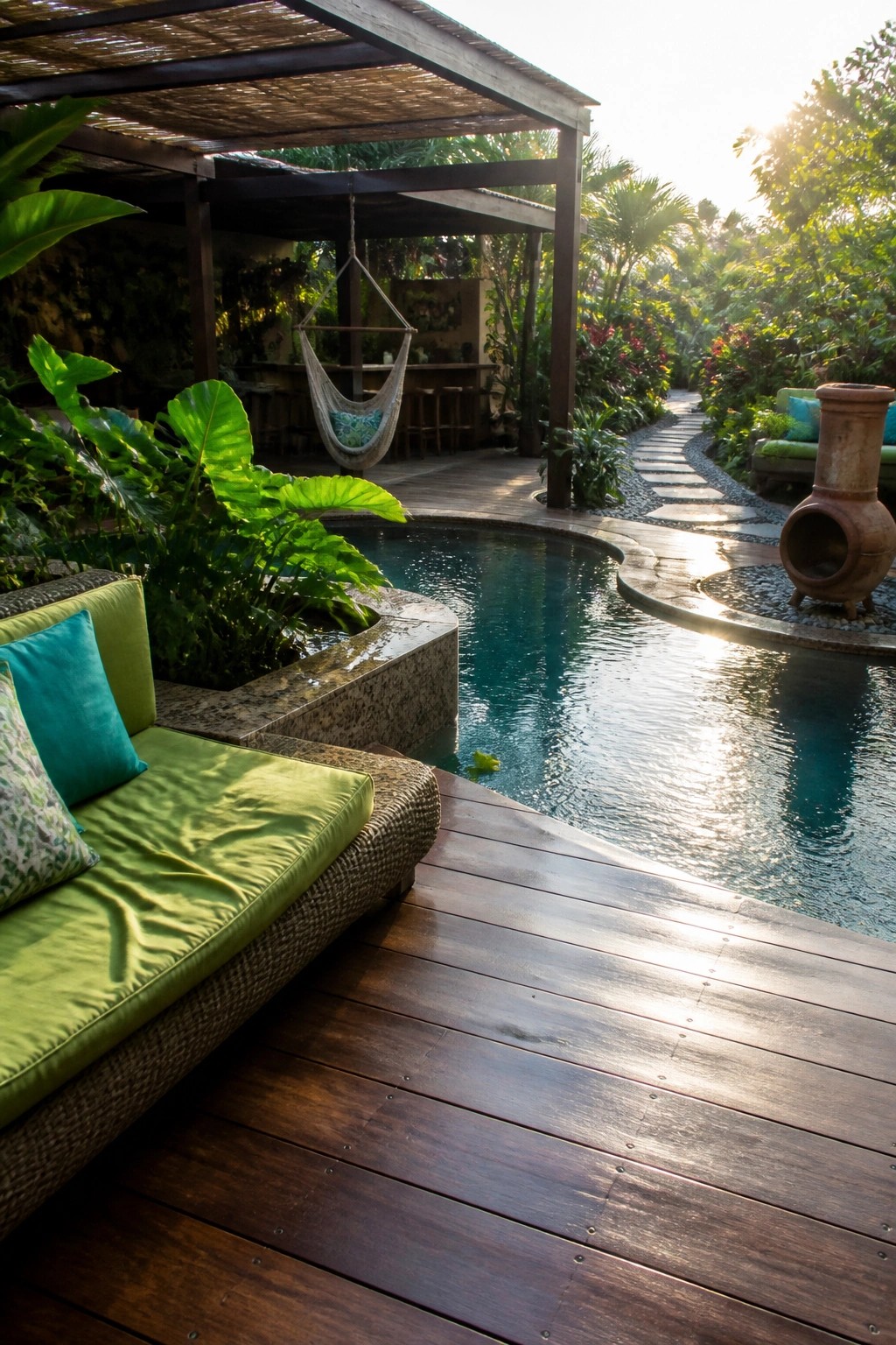 A wooden deck borders a curved pool with green cushioned seating and surrounding tropical plants.