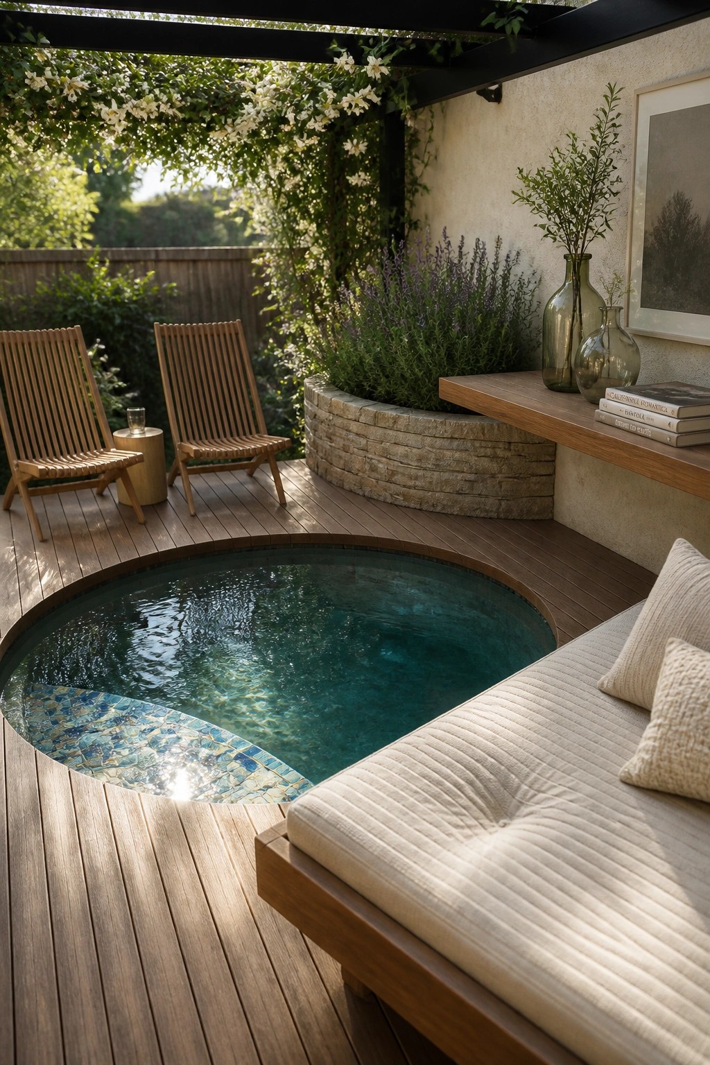 Circular plunge pool on wooden deck with lounge chairs and daybed