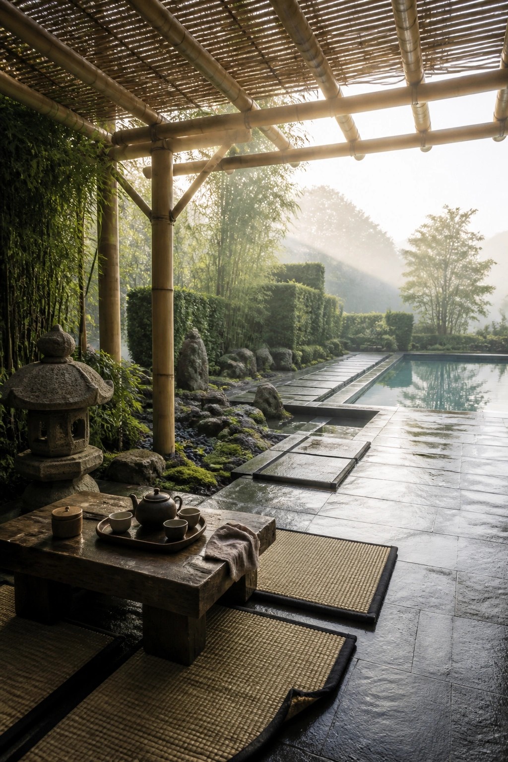 A bamboo pergola shades a stone patio with woven mats, a low wooden table, and a stone lantern beside a rectangular pool in a lush garden.