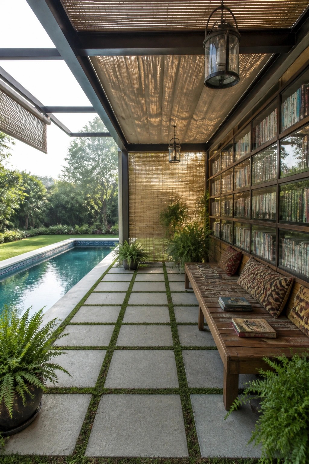 An outdoor covered pergola beside a swimming pool features a long wooden bench with cushions, built-in bookshelves filled with books along the wall, stone pavers with grass joints, and hanging lanterns.