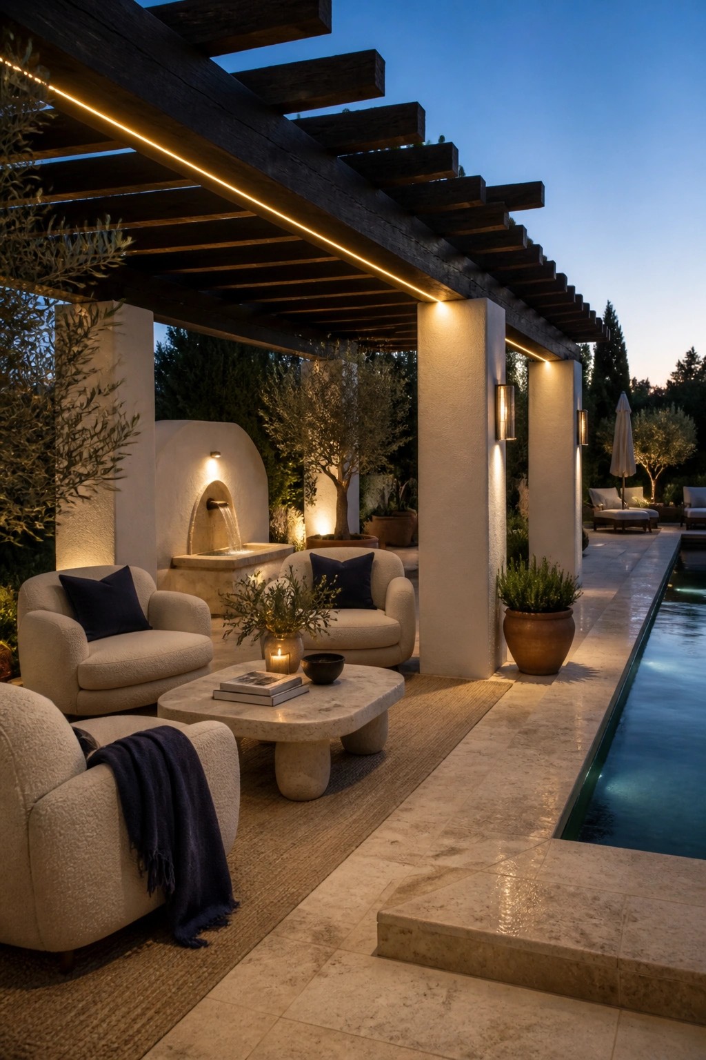 Luxurious patio with beige armchairs, marble table, pool and fountain under lit pergola at dusk.