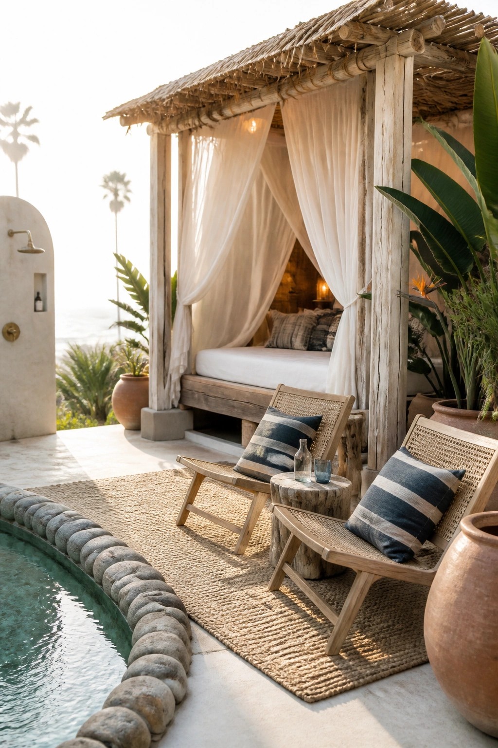 A wooden pergola with white curtains stands beside a swimming pool, with lounge chairs and potted plants on a woven rug.