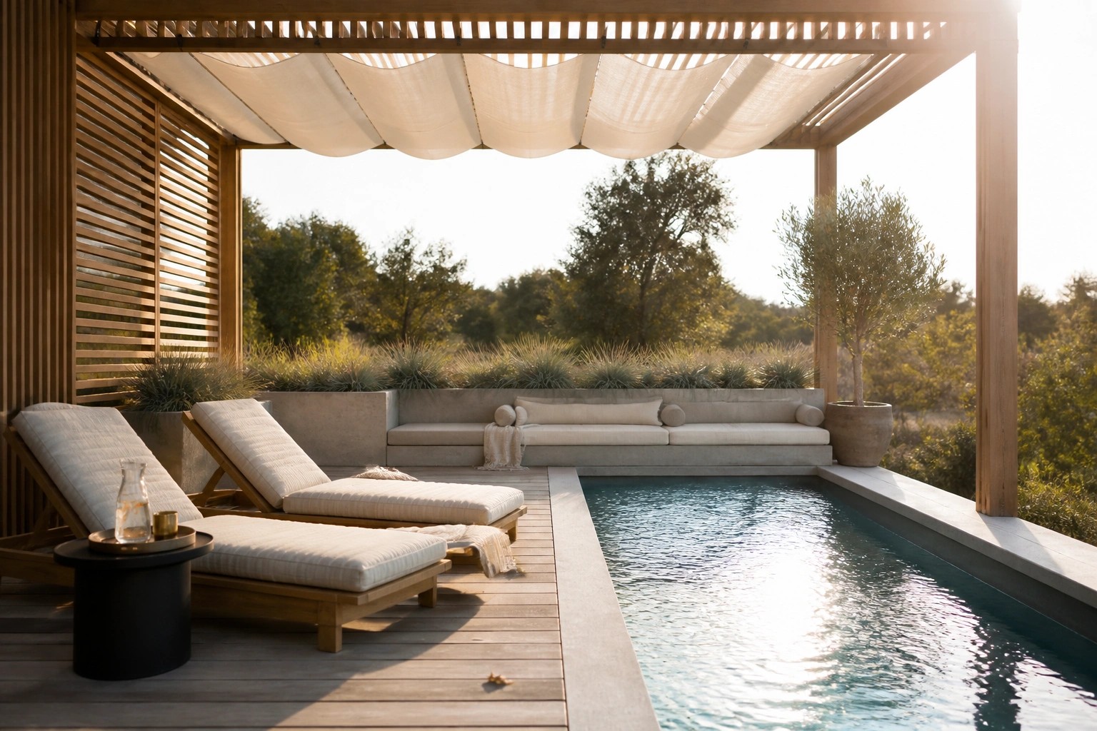 White lounge chairs on wooden deck beside sunlit pool under wooden pergola.