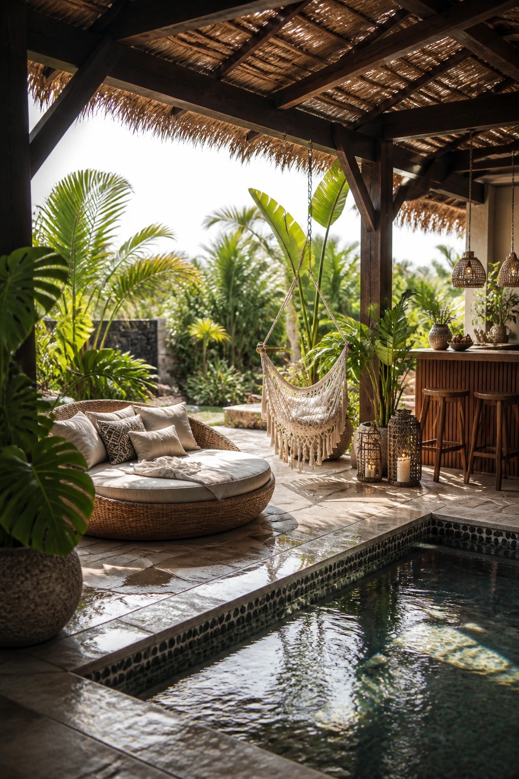 An outdoor poolside pergola with a thatched roof includes a hanging macrame hammock, a round wicker daybed with cushions, a wooden bar with stools, lanterns, and a tiled pool edge surrounded by tropical plants.