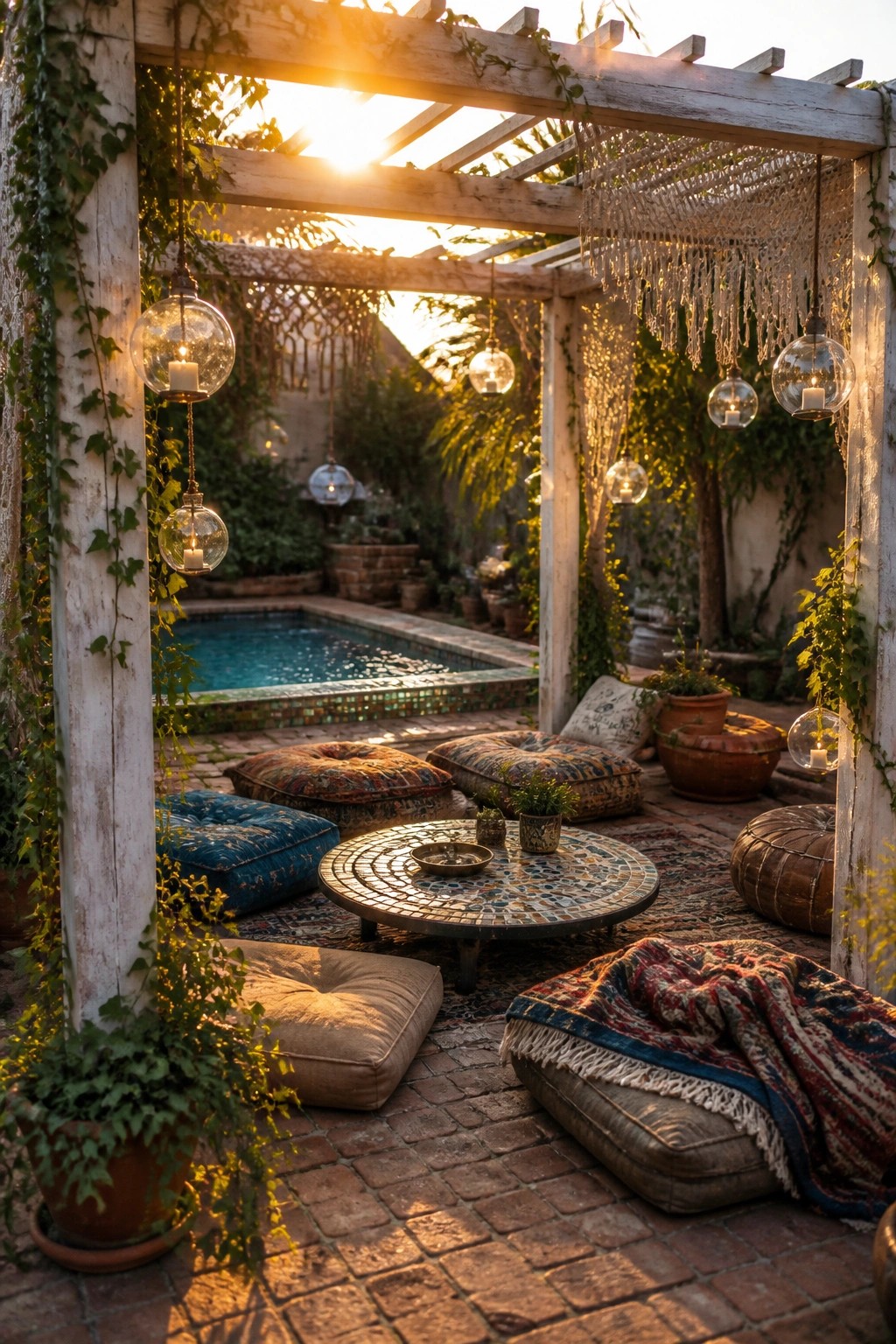 Cozy brick patio with colorful cushions, mosaic table, hanging lanterns under wooden pergola at sunset