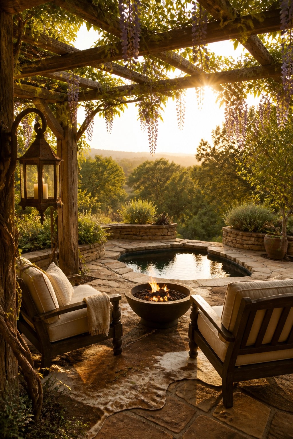 Rustic wooden pergola with purple wisteria, fire pit, and armchairs on stone patio at sunset
