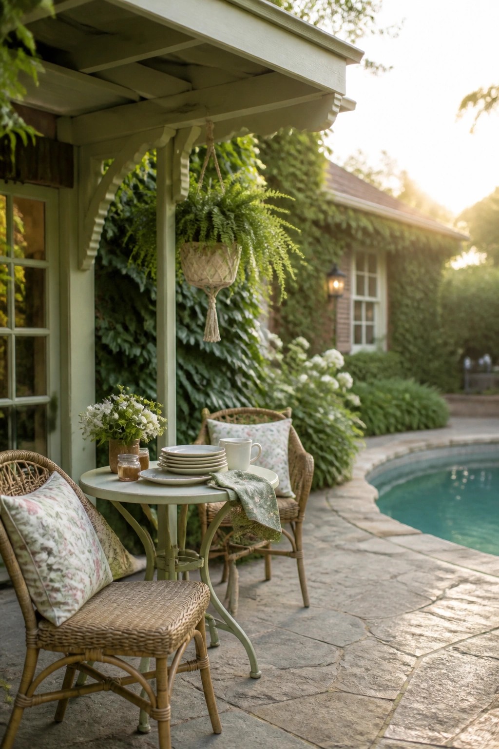 A light green wooden pergola covers a round patio table with stacked plates and wicker chairs on a stone surface next to a swimming pool.