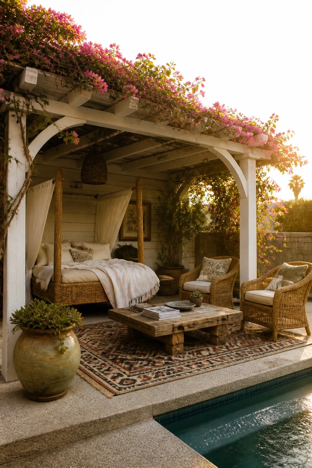 A white wooden pergola covered in pink flowering vines shelters a wicker daybed and two armchairs on a rug next to a swimming pool.