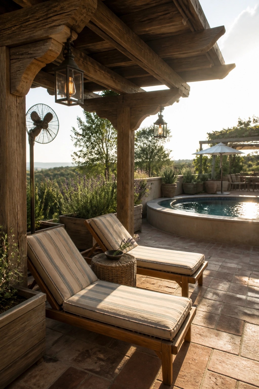 A wooden pergola with hanging lanterns covers two striped lounge chairs on a brick patio next to a round pool, with trees and hills in the background.