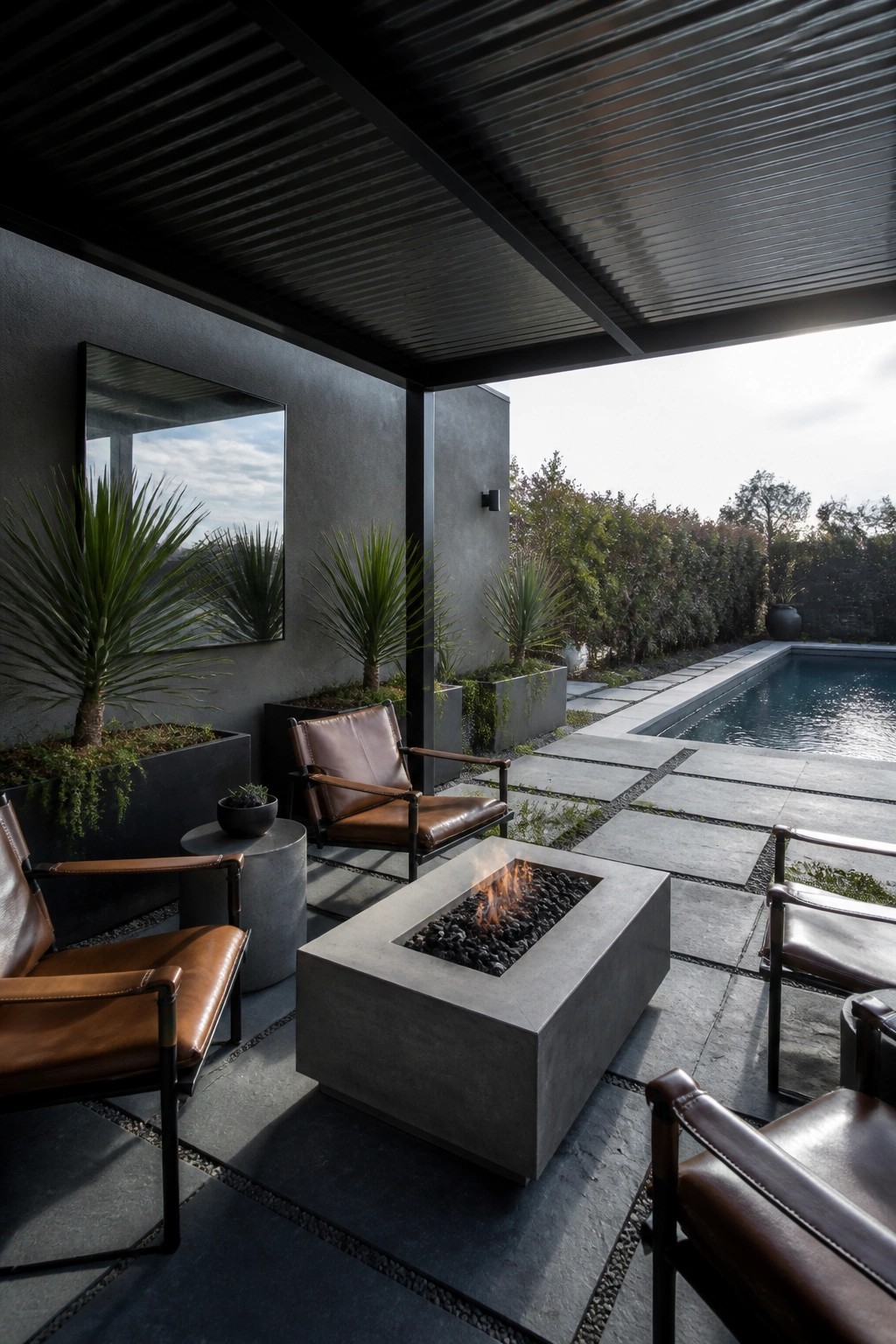 An outdoor covered patio with a concrete fire pit, brown leather chairs, potted plants, and a swimming pool visible beyond the dark pergola beams.