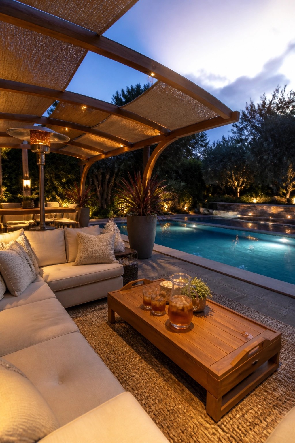 A wooden pergola with fabric shades covers a white outdoor sofa and wooden coffee table next to a swimming pool at dusk.