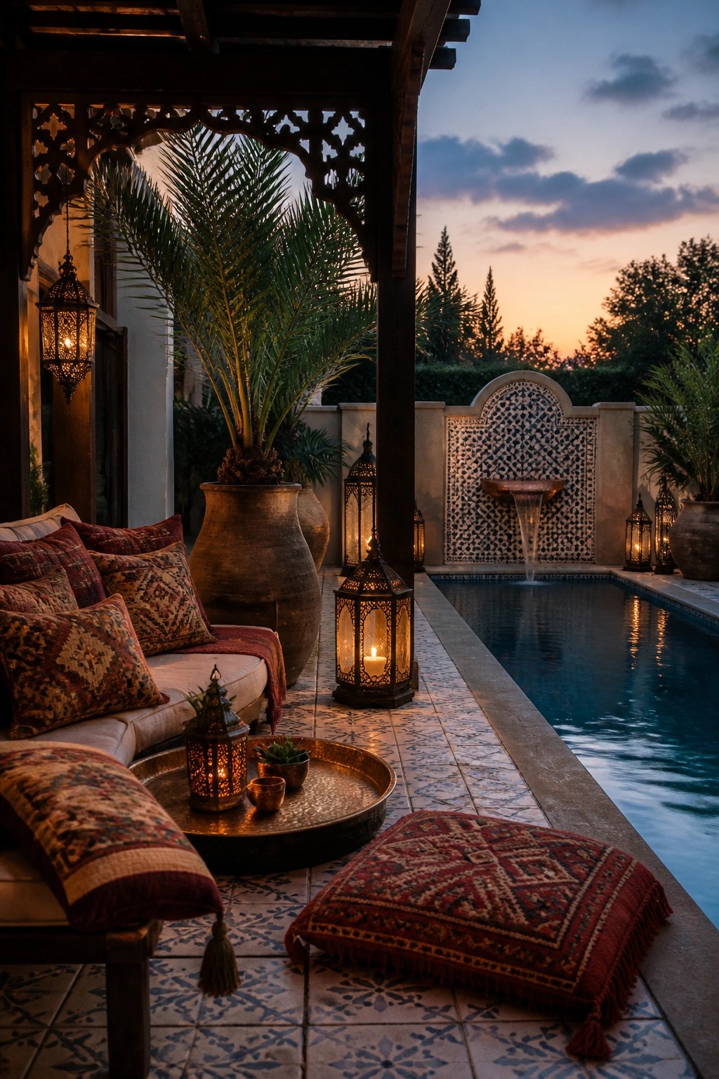 An outdoor poolside lounge under a dark wooden pergola with patterned cushions, metal lanterns, and a tiled fountain wall visible beside the swimming pool at dusk.