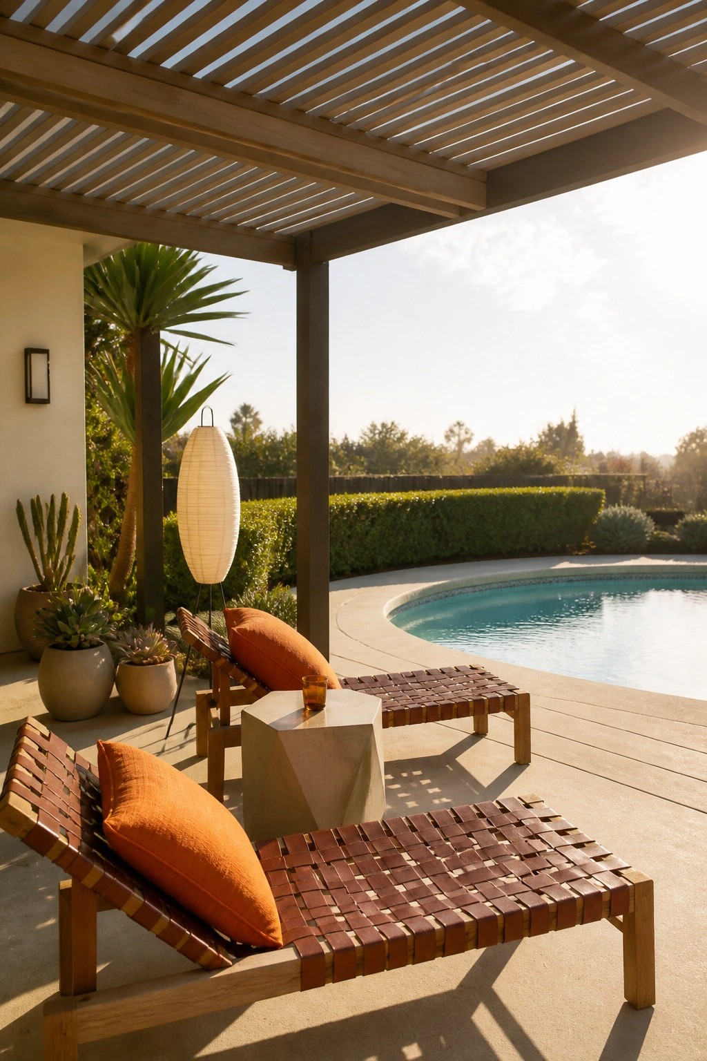 A wooden pergola shades woven lounge chairs with orange cushions next to a curved swimming pool on a concrete patio.
