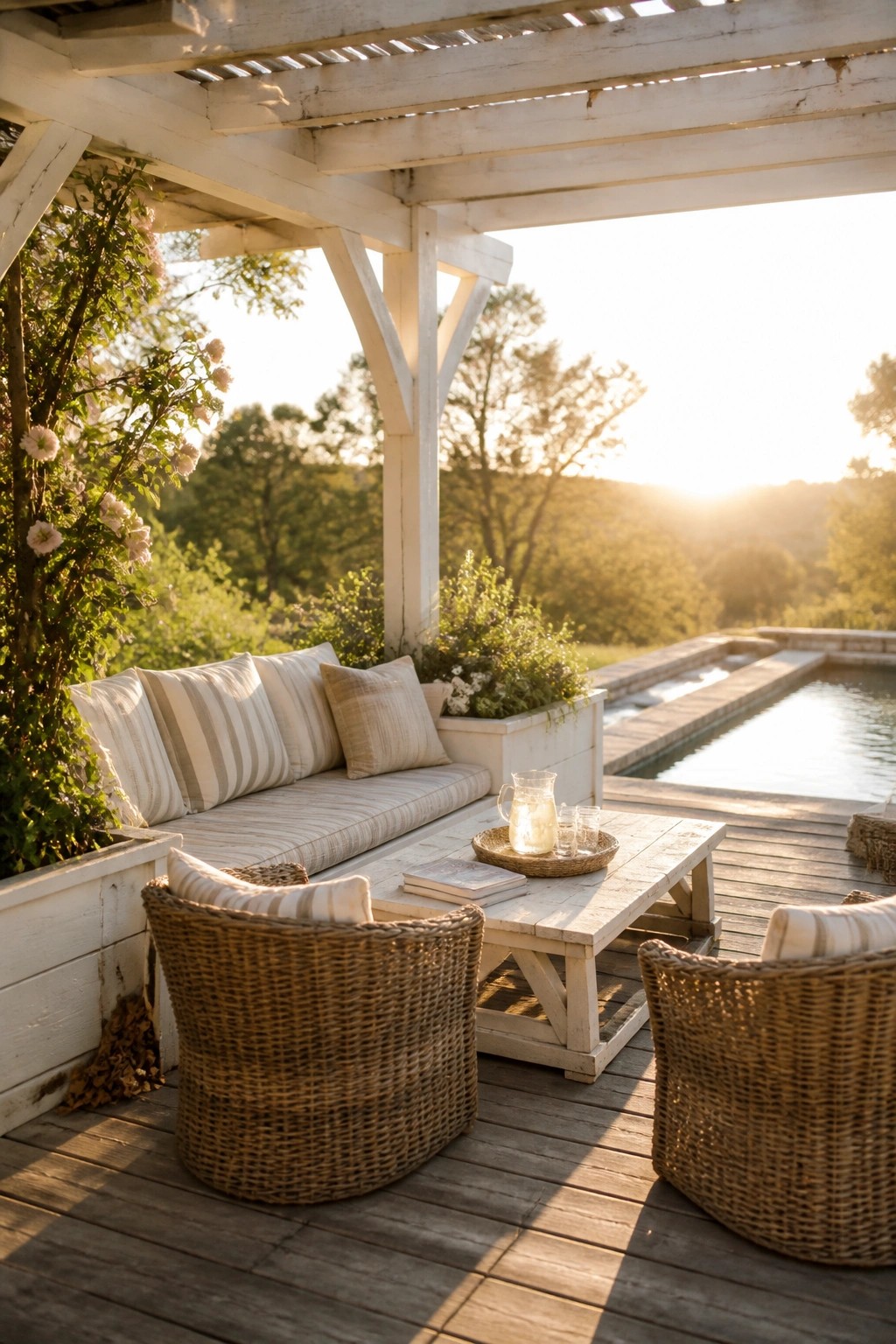 A white wooden pergola shades a lounge area with a striped sofa, two wicker chairs, and a low table on a wooden deck next to a swimming pool.