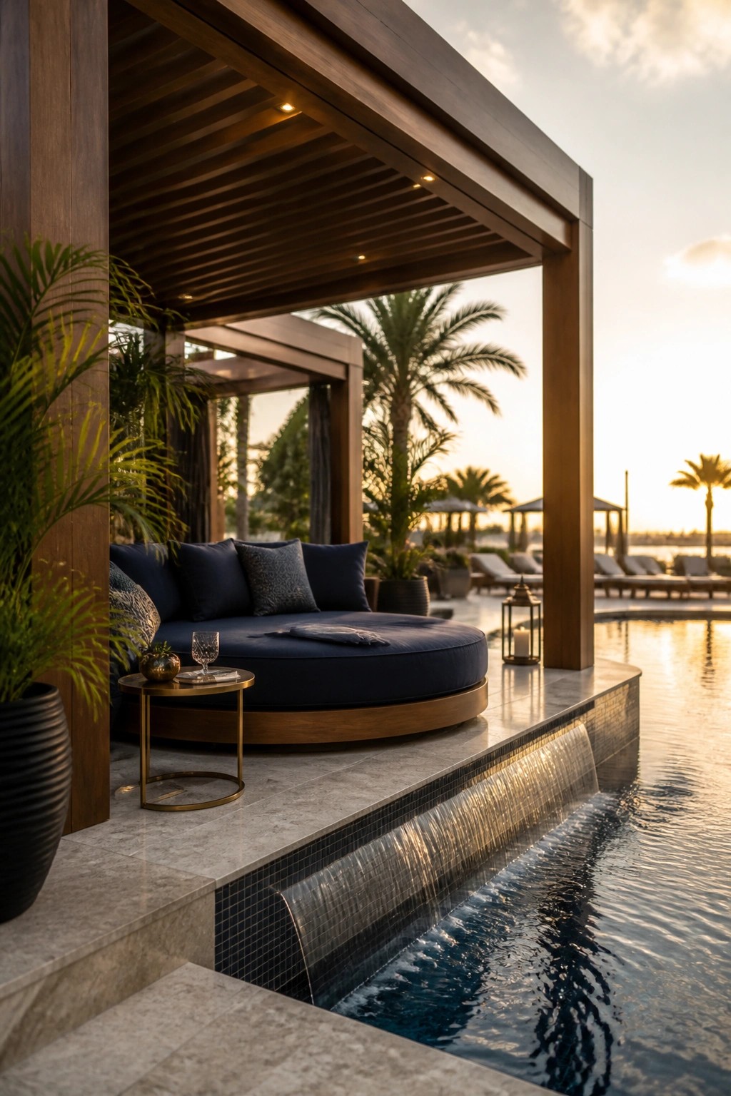 Luxurious wooden cabana with round navy daybed beside cascading infinity pool at sunset