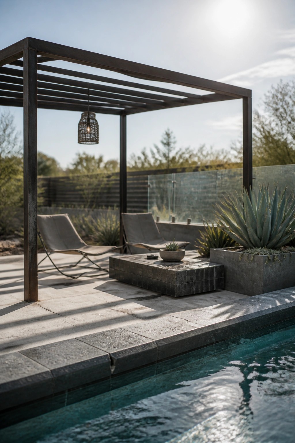 A dark metal pergola with two lounge chairs and a low table sits beside a swimming pool, with large agave plants in a concrete planter nearby.