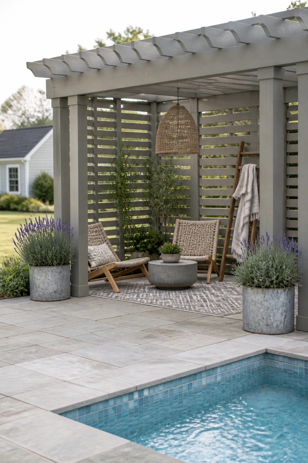 Gray pergola patio with lounge chairs, pool, rug, and lavender planters.