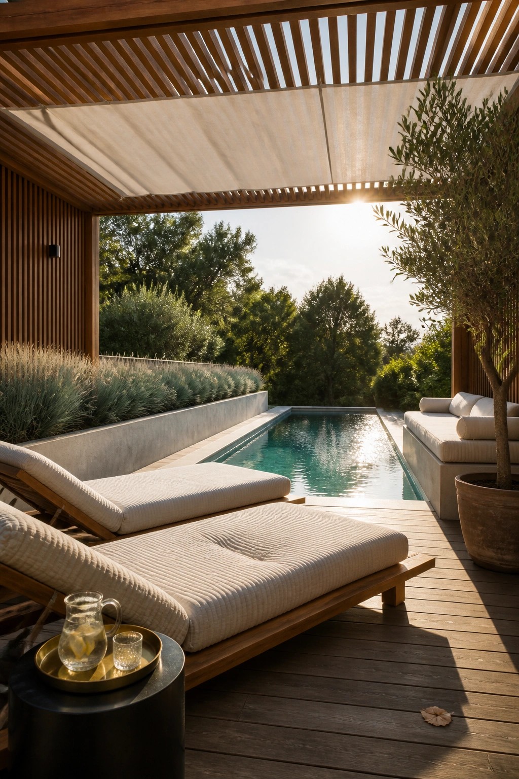 White lounge chairs on wooden deck beside sunlit pool under wooden pergola.