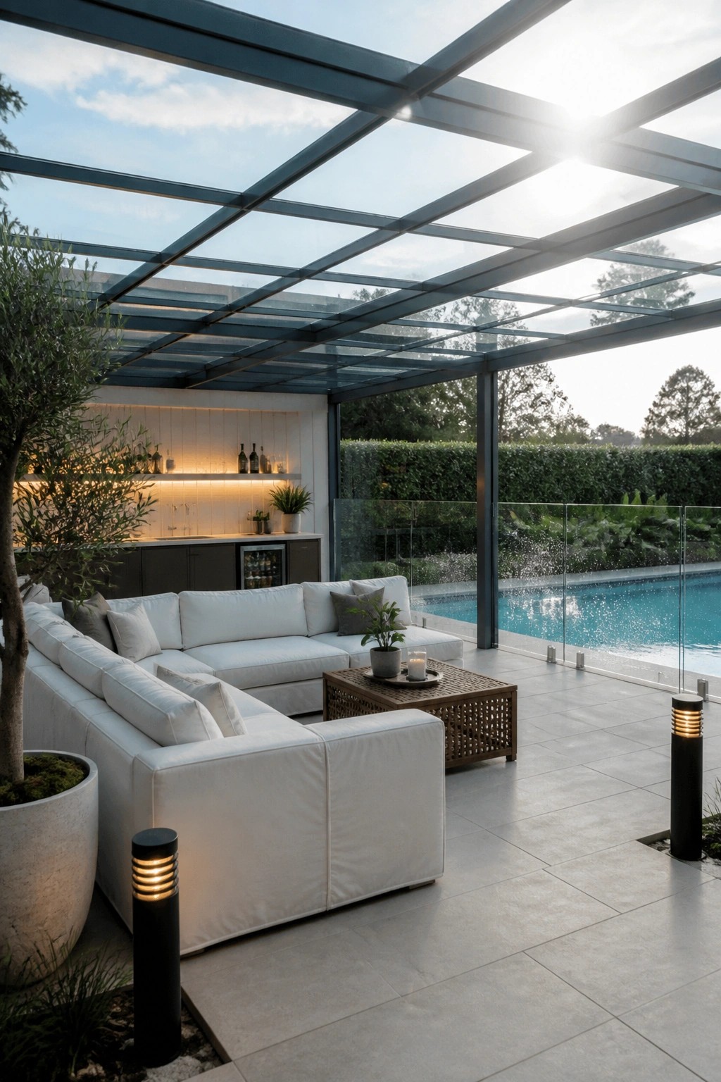 A modern outdoor lounge with white sectional seating under a glass-roofed pergola beside a swimming pool.
