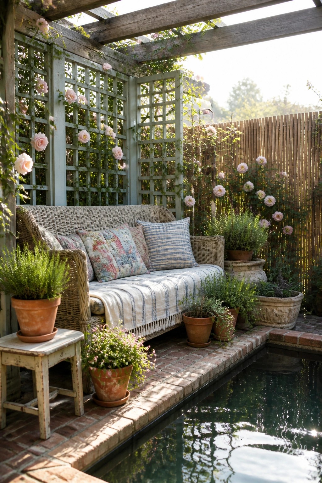 A wicker sofa with cushions and a striped throw sits under a wooden pergola beside a pool on a brick patio, with potted plants and climbing roses on lattice panels.