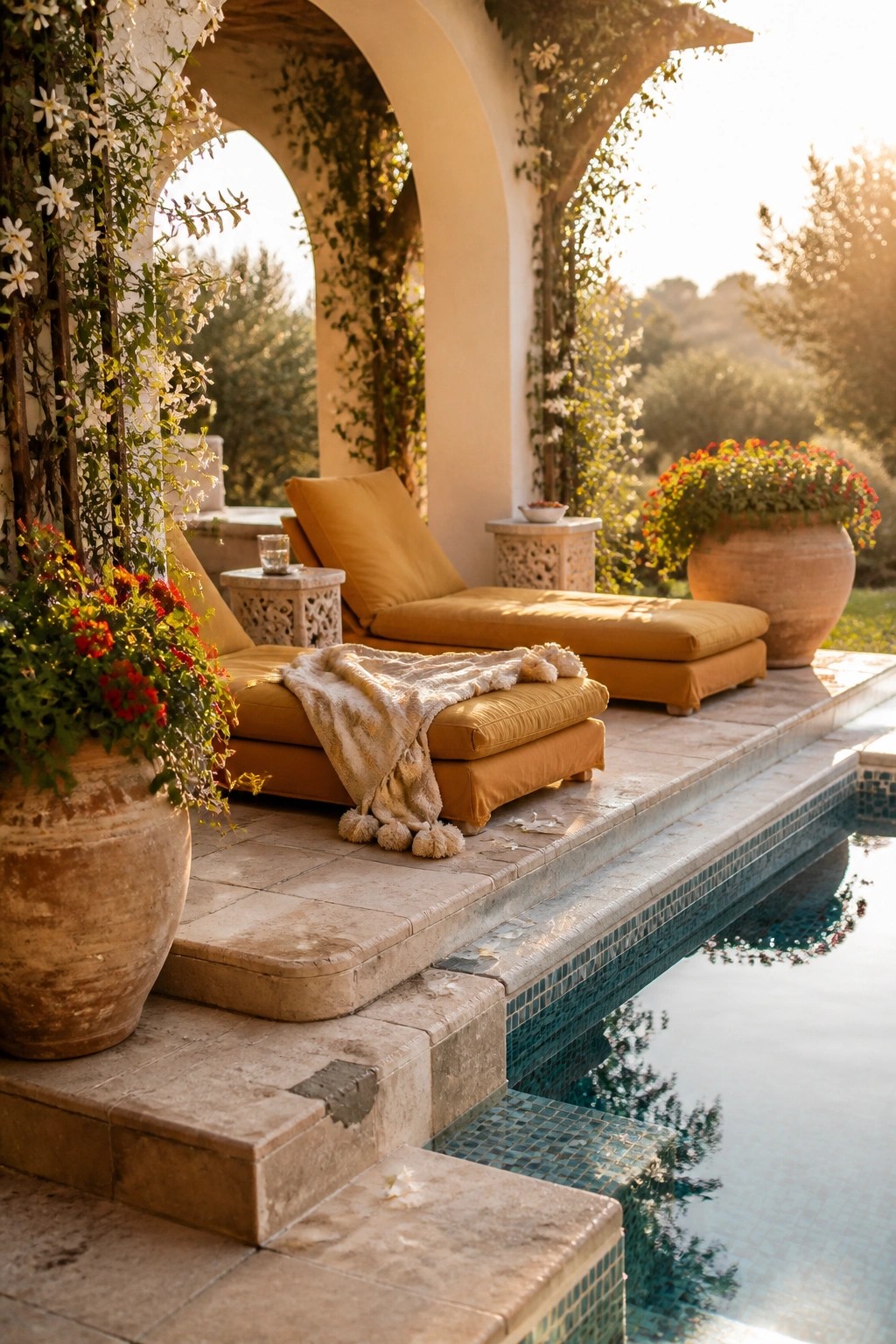 A poolside seating area with mustard chaise lounges under vine-covered arches, large terracotta planters, and a swimming pool in the foreground.