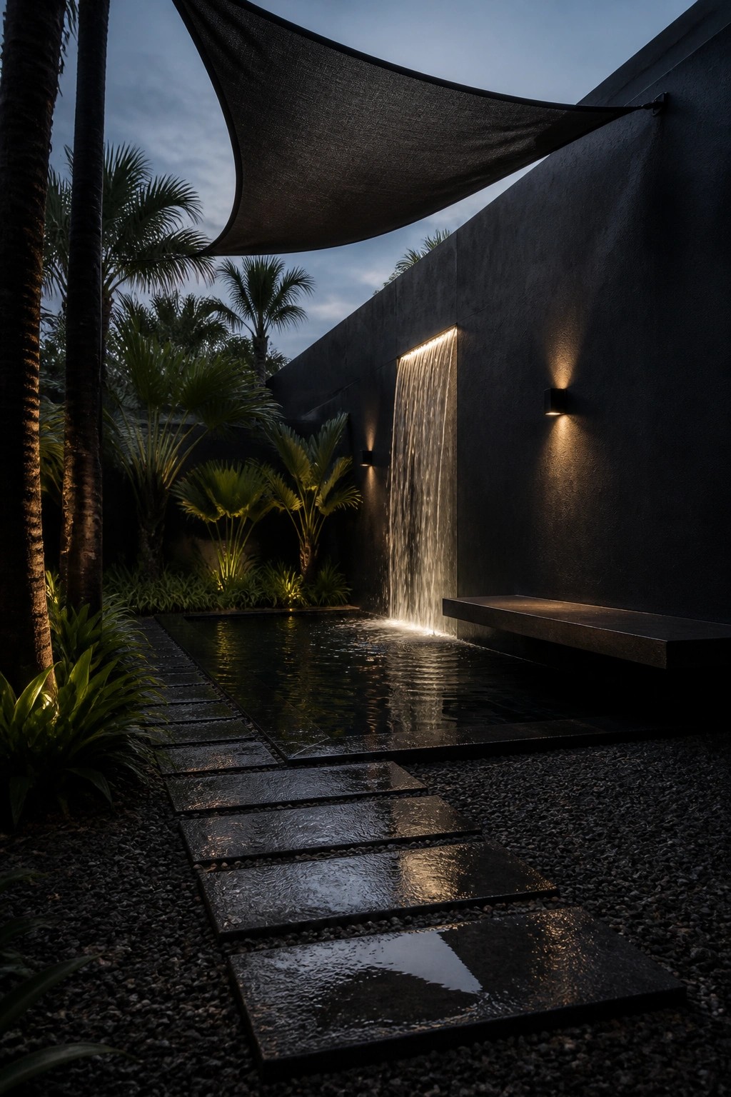 21 Chic Modern Swimming Pool Ideas for a Sleek Outdoor Vibe Waterfall cascading down dark wall into pool beside stone path with tropical plants at night