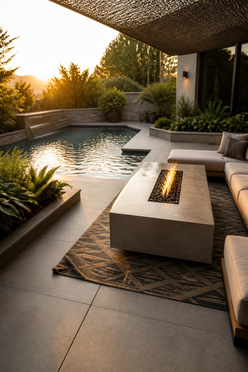 21 Chic Modern Swimming Pool Ideas for a Sleek Outdoor Vibe A modern rectangular concrete fire pit with burning flames sits on a patterned outdoor rug next to a swimming pool and light-colored sectional sofa at dusk.