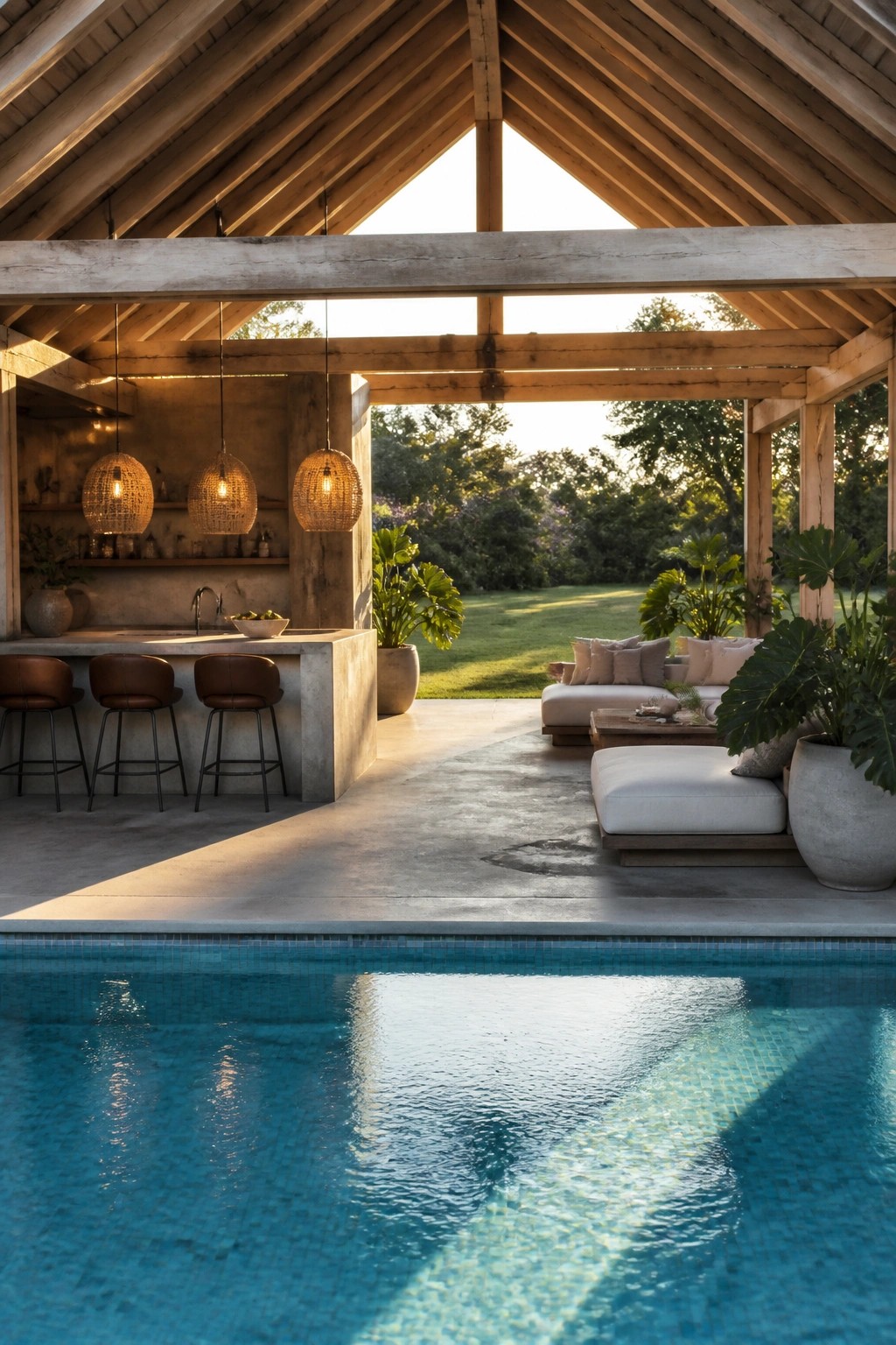 21 Chic Modern Swimming Pool Ideas for a Sleek Outdoor Vibe A covered wooden pavilion with a concrete bar, three bar stools, hanging woven lights, and lounge seating sits beside a swimming pool with trees in the background.