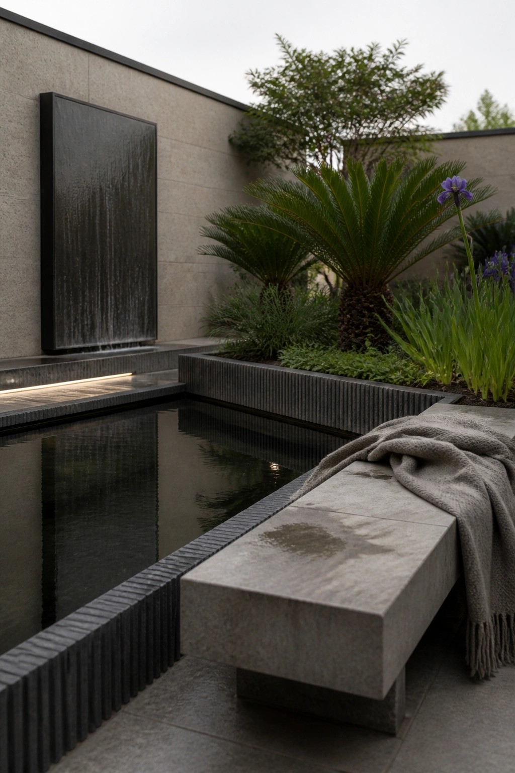 21 Chic Modern Swimming Pool Ideas for a Sleek Outdoor Vibe A modern rectangular pool with dark stone edging sits beside a long concrete bench that has a gray blanket on it, with a vertical water feature on the left wall and palm trees in the planting bed beyond.