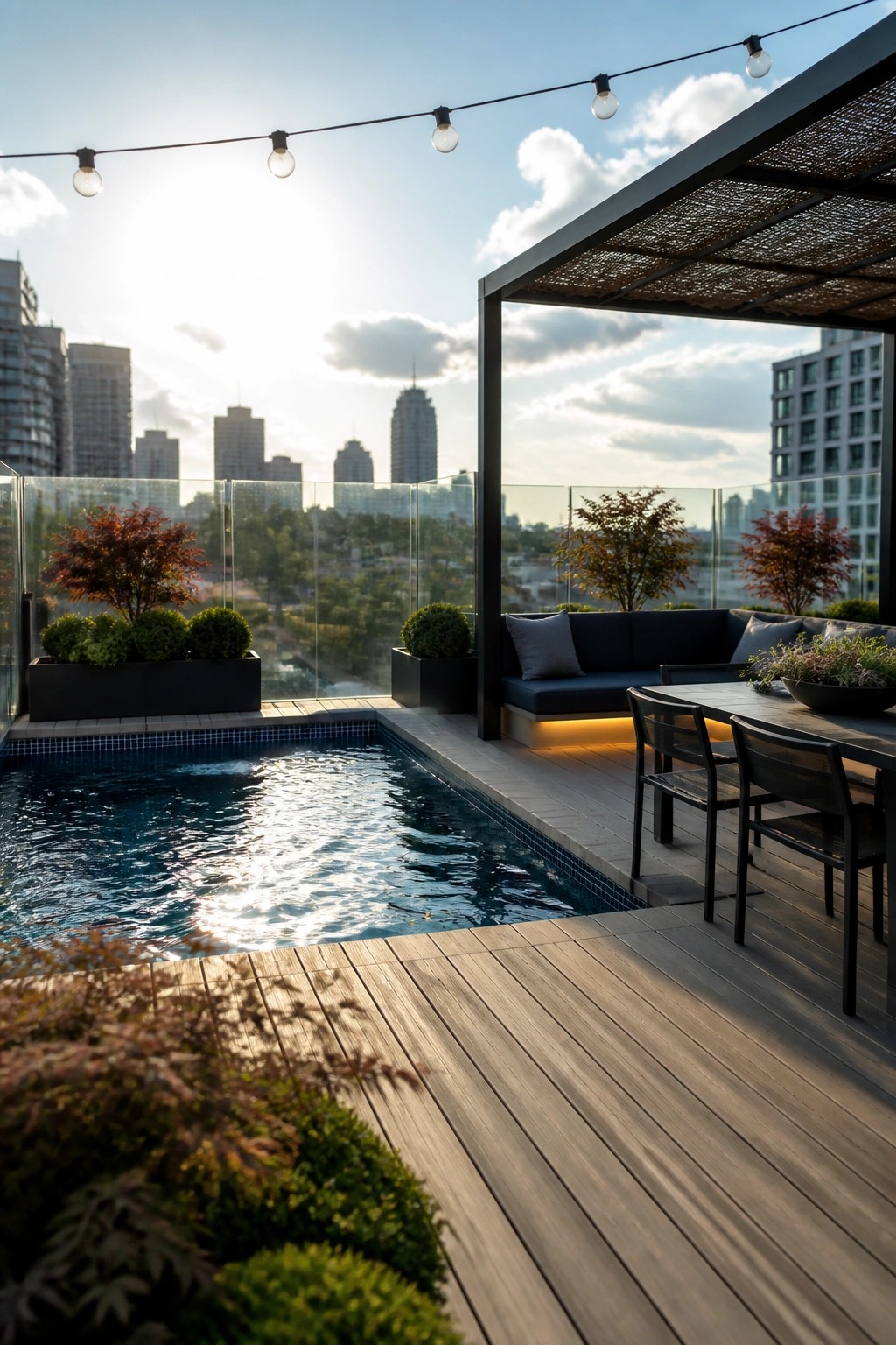21 Chic Modern Swimming Pool Ideas for a Sleek Outdoor Vibe A modern rooftop pool with wooden decking, built-in lounge seating, a dining table, and string lights overhead.