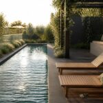 A long modern pool with dark edges borders a wooden deck with two lounge chairs and a built-in bench under a black pergola draped in green vines.