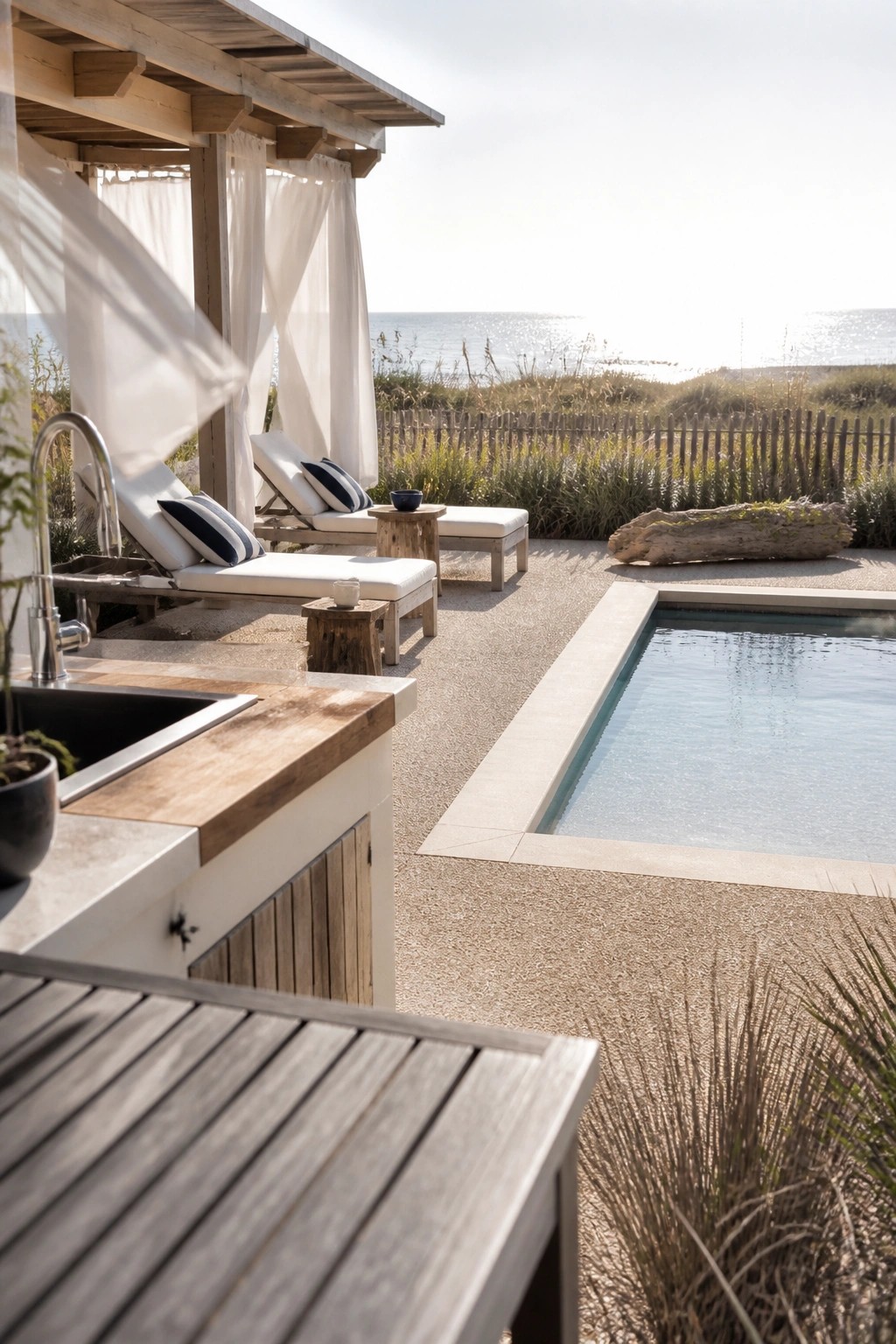 21 Chic Modern Swimming Pool Ideas for a Sleek Outdoor Vibe Beach patio with plunge pool, lounge chairs, outdoor kitchen, and ocean view