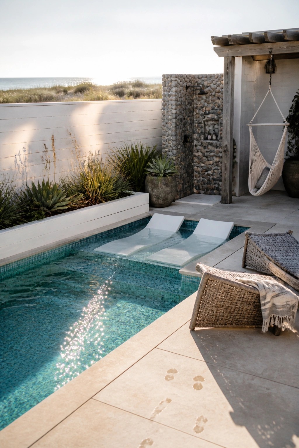 21 Chic Modern Swimming Pool Ideas for a Sleek Outdoor Vibe A rectangular pool with two white built-in loungers partially submerged, surrounded by a tiled patio, a stone outdoor shower, a hanging hammock, and coastal vegetation in the background.