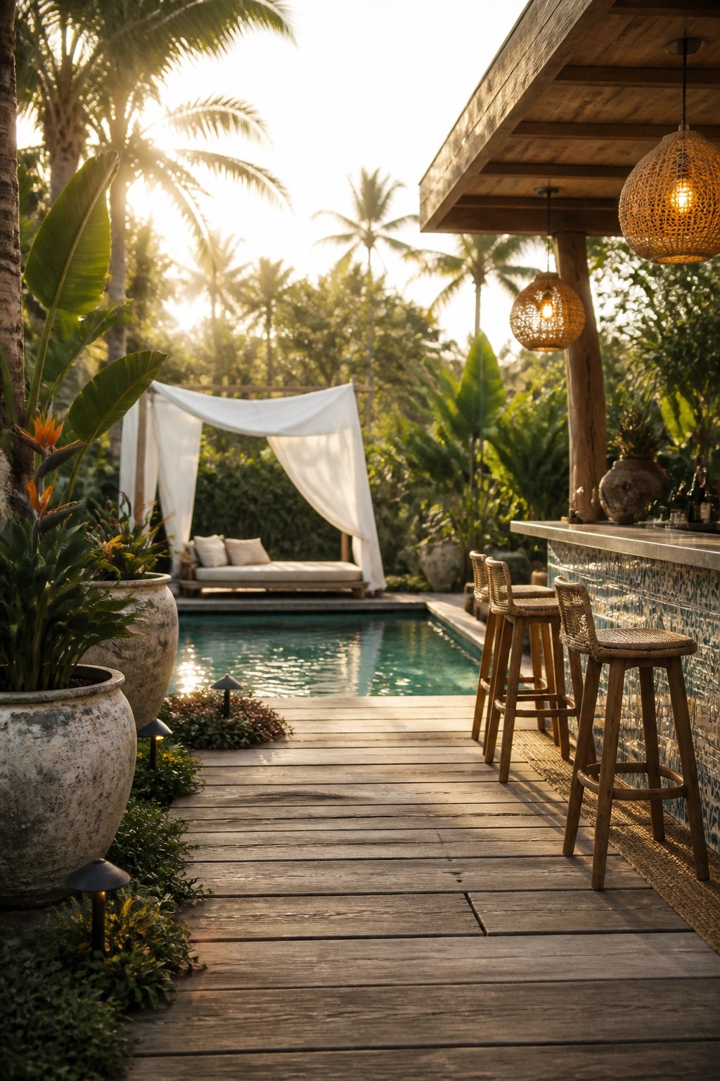 21 Chic Modern Swimming Pool Ideas for a Sleek Outdoor Vibe A wooden deck leads to a swimming pool with a blue-tiled outdoor bar counter, woven bar stools, and hanging rattan pendant lights.