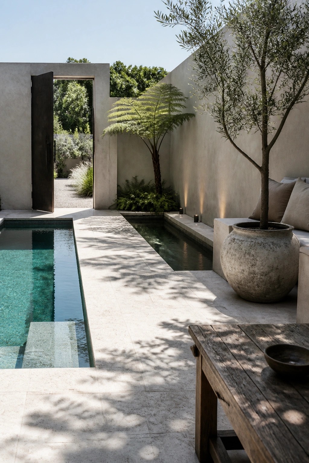 21 Chic Modern Swimming Pool Ideas for a Sleek Outdoor Vibe An outdoor concrete patio with a rectangular pool on the left and a long narrow water channel extending alongside it, next to a large potted tree and wooden table.