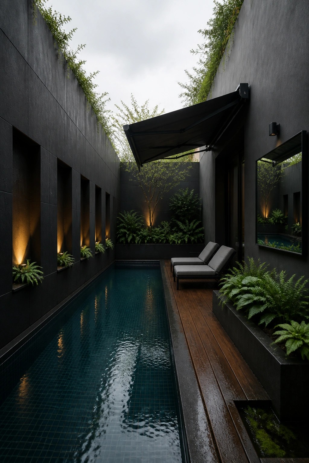 21 Chic Modern Swimming Pool Ideas for a Sleek Outdoor Vibe A long narrow pool with dark tile sits between tall black walls, with a wooden deck, two lounge chairs, and built-in planters along one side.