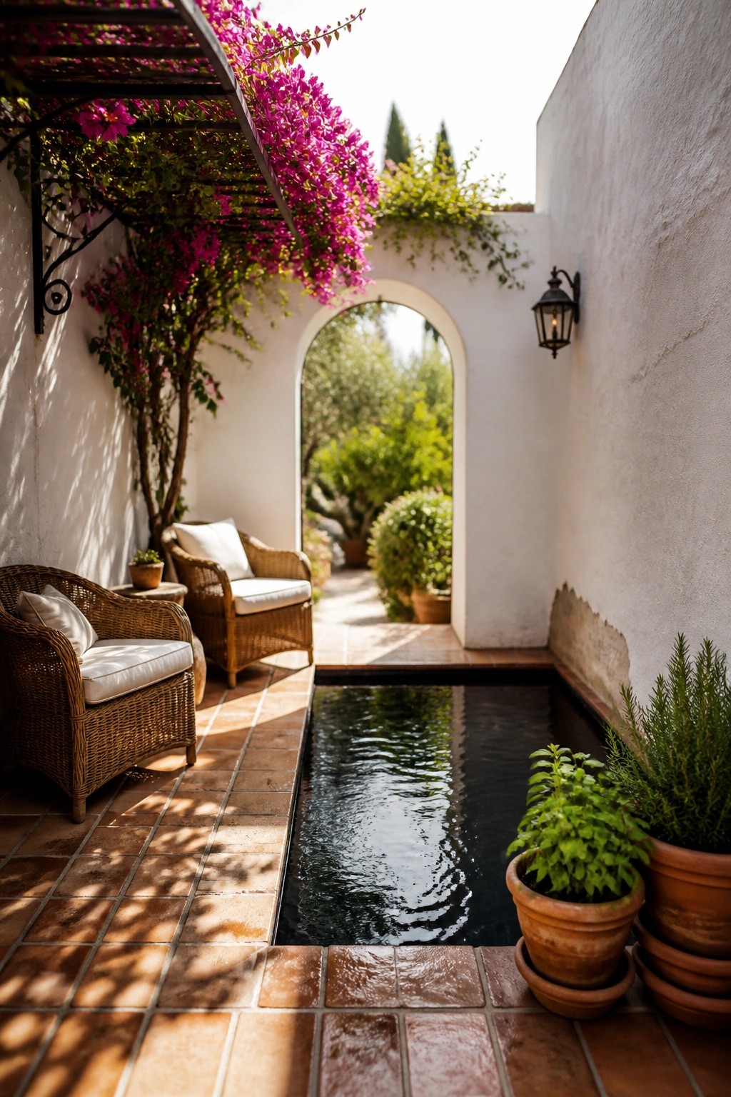 21 Chic Modern Swimming Pool Ideas for a Sleek Outdoor Vibe A narrow rectangular pool runs through a tiled courtyard with wicker chairs on one side, terracotta pots on the other, and an arched opening to a garden beyond.