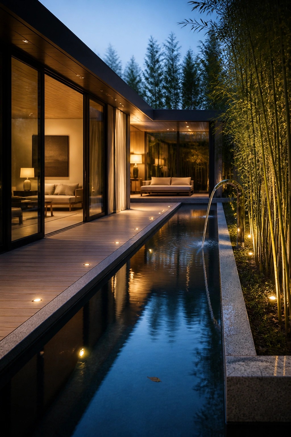 21 Chic Modern Swimming Pool Ideas for a Sleek Outdoor Vibe Modern house with glass walls beside long illuminated reflecting pool and bamboo at dusk
