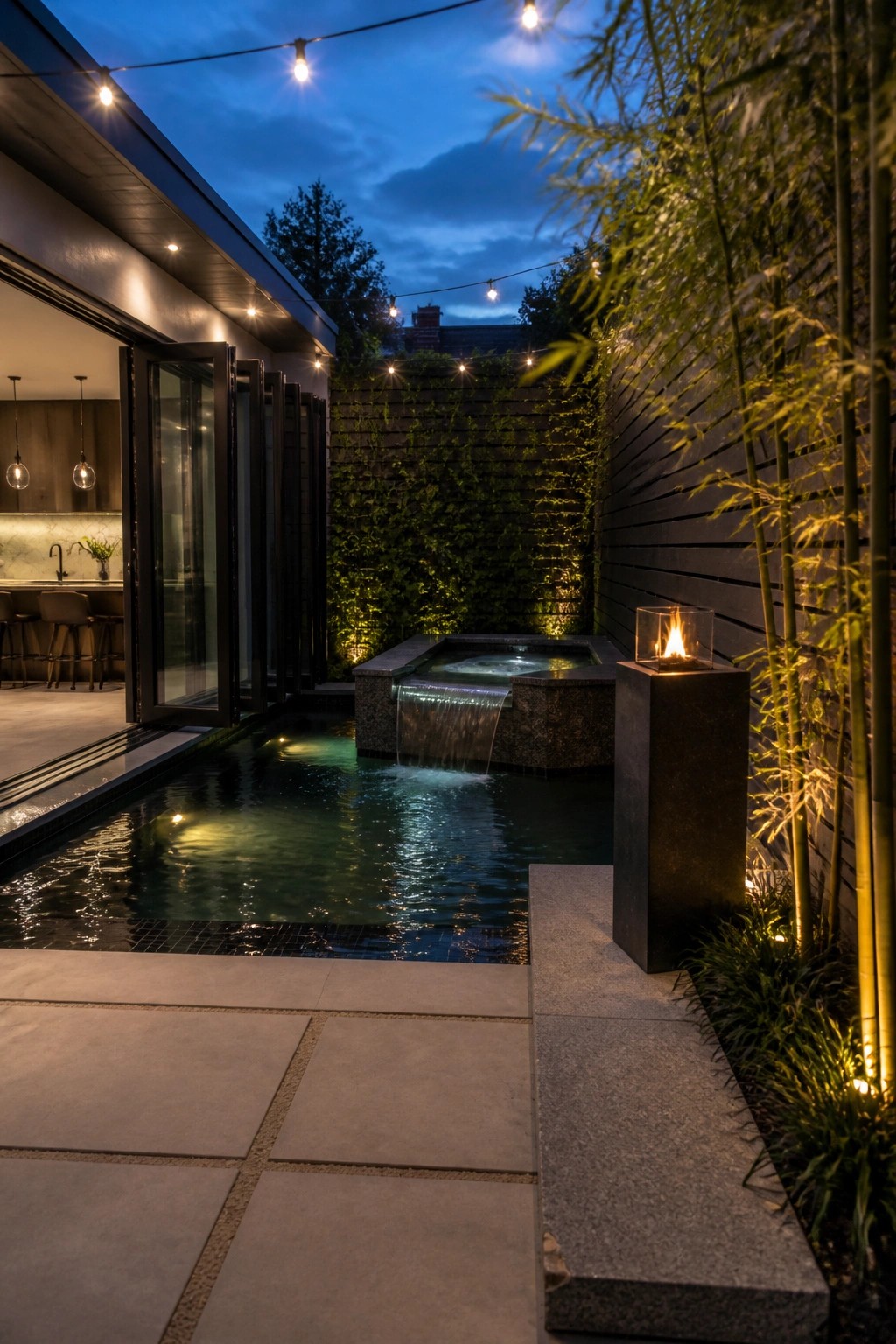 21 Chic Modern Swimming Pool Ideas for a Sleek Outdoor Vibe A modern plunge pool with a stone waterfall edge sits beside a fire feature in a paved courtyard with string lights overhead at dusk.